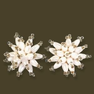 Vintage Mid Century Faux Pearl Beaded Starburst Pierced Earrings